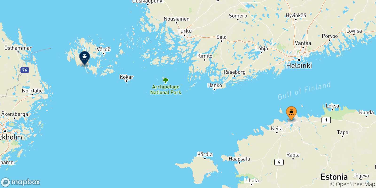 Mappa delle possibili rotte tra l'Estonia e le Isole Aland