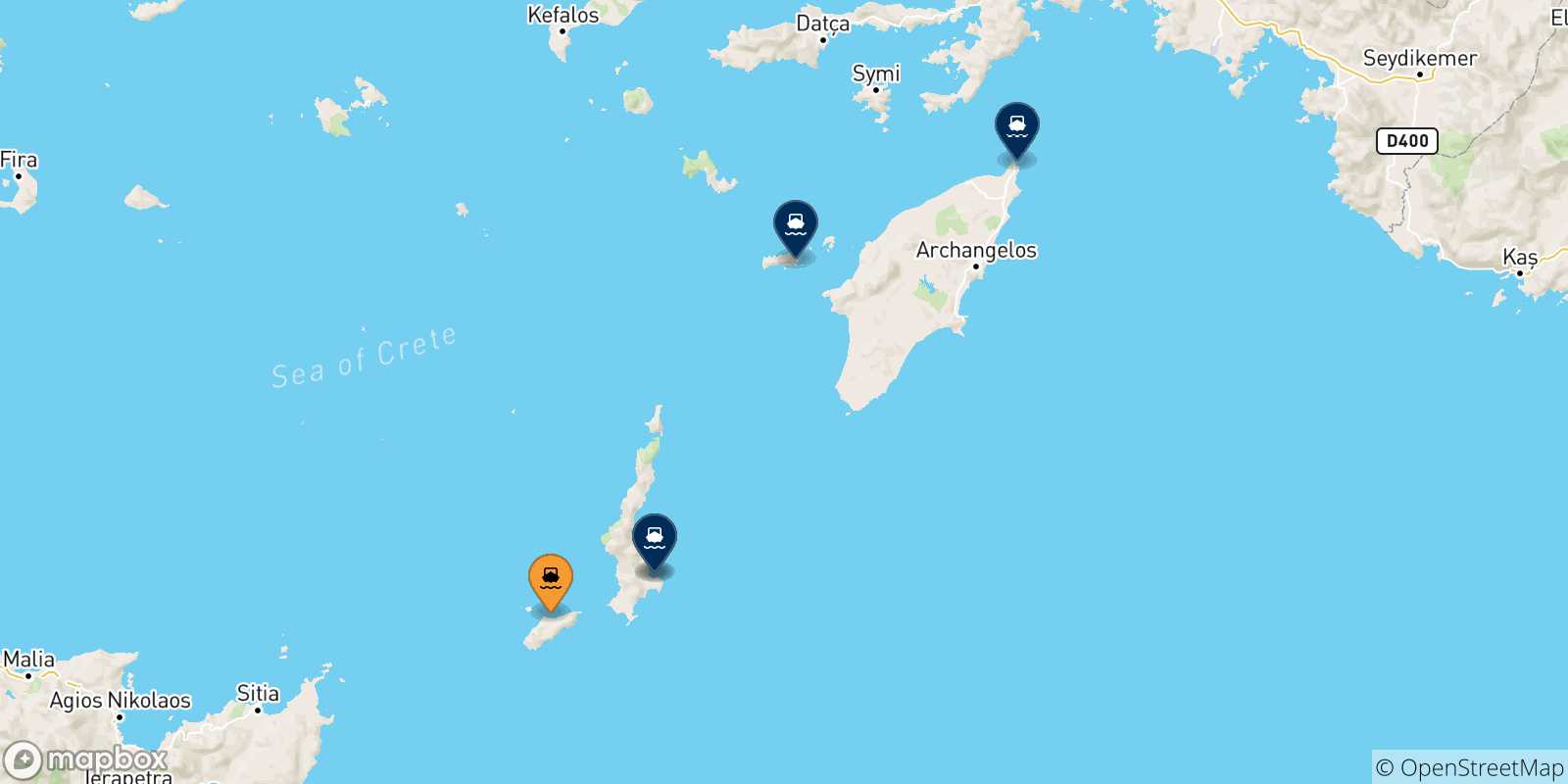 Mappa delle possibili rotte tra Kasos e le Isole Dodecaneso