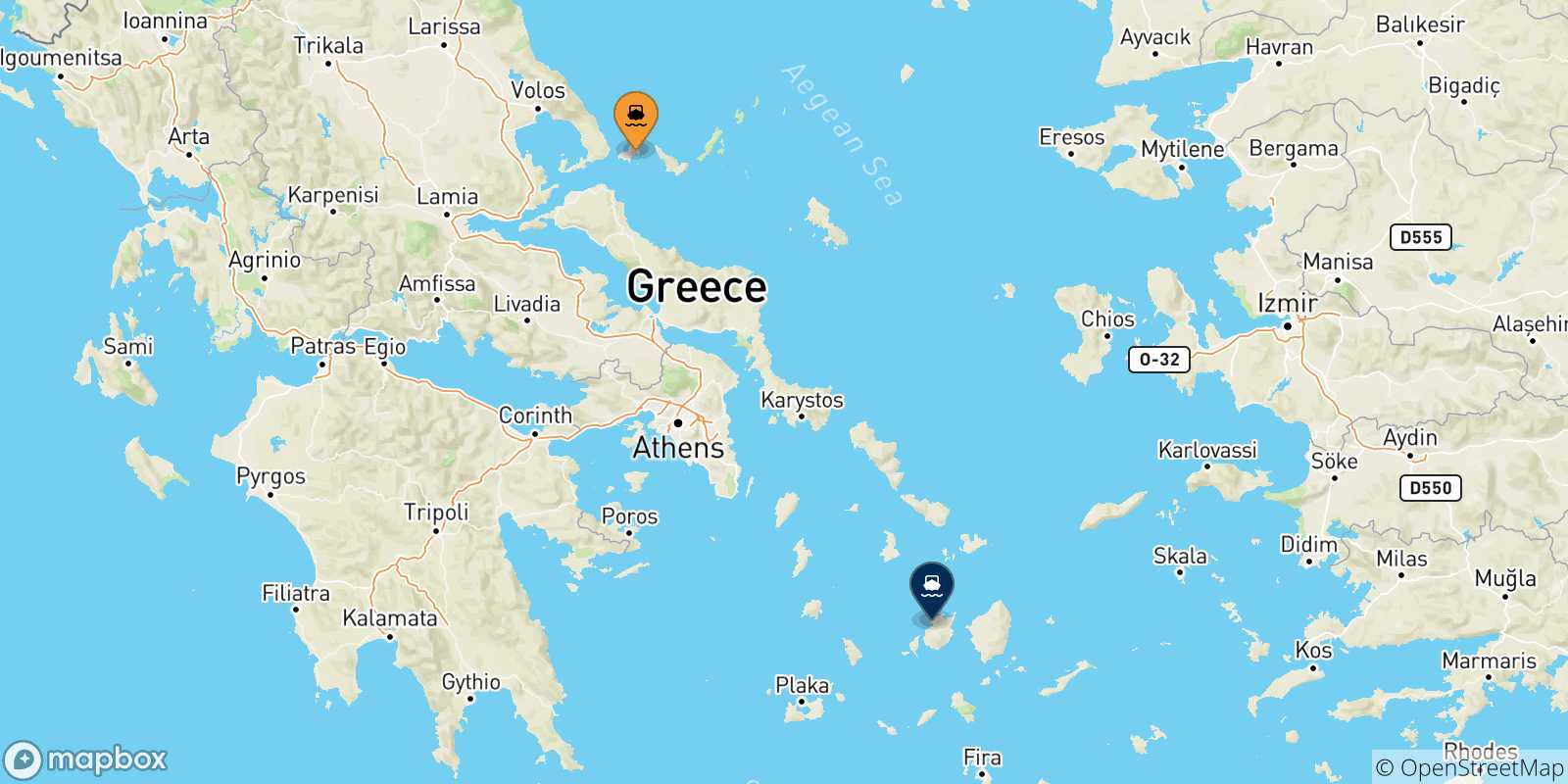 Mappa delle possibili rotte tra le Isole Sporadi e Paros