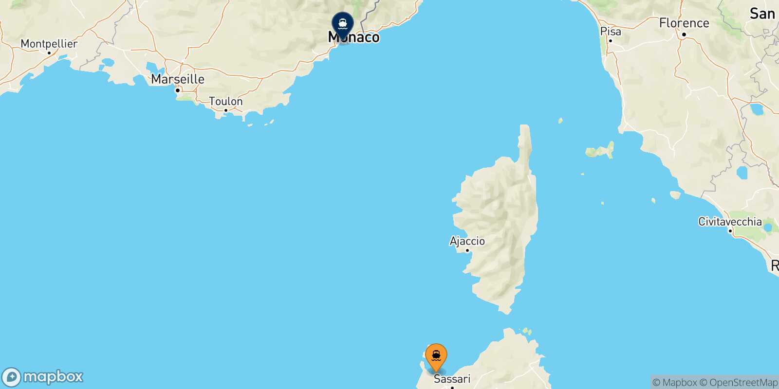 Mappa della rotta Porto Torres Nizza
