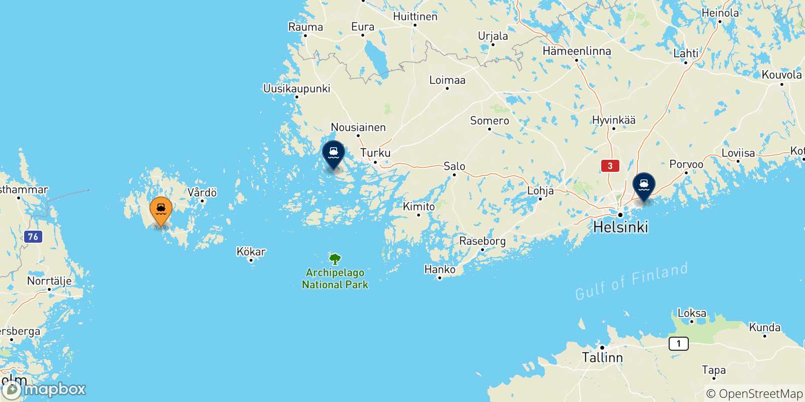 Mappa delle possibili rotte tra Mariehamn e la Finlandia