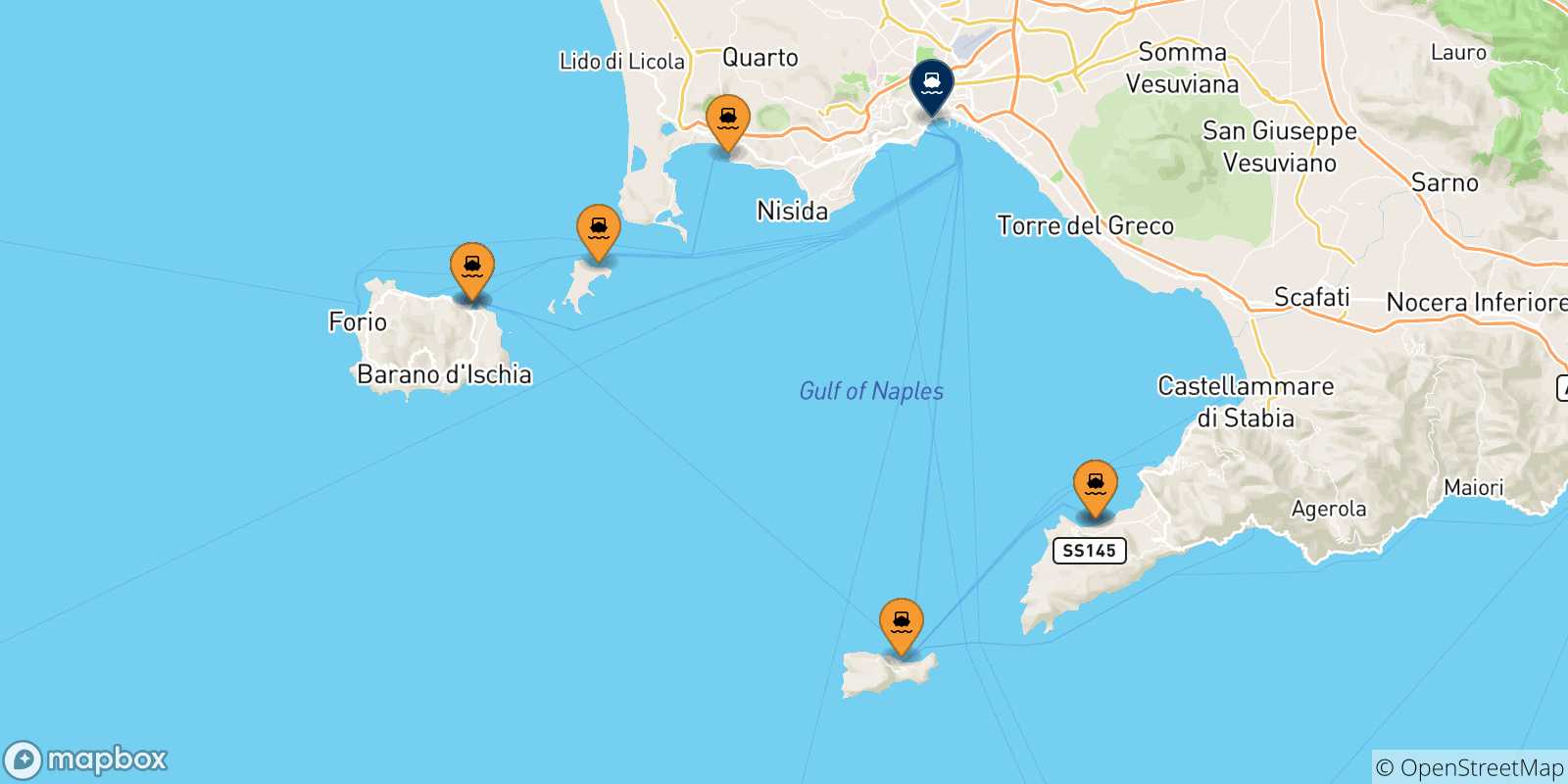 Mappa delle possibili rotte tra l'Italia e Napoli Beverello