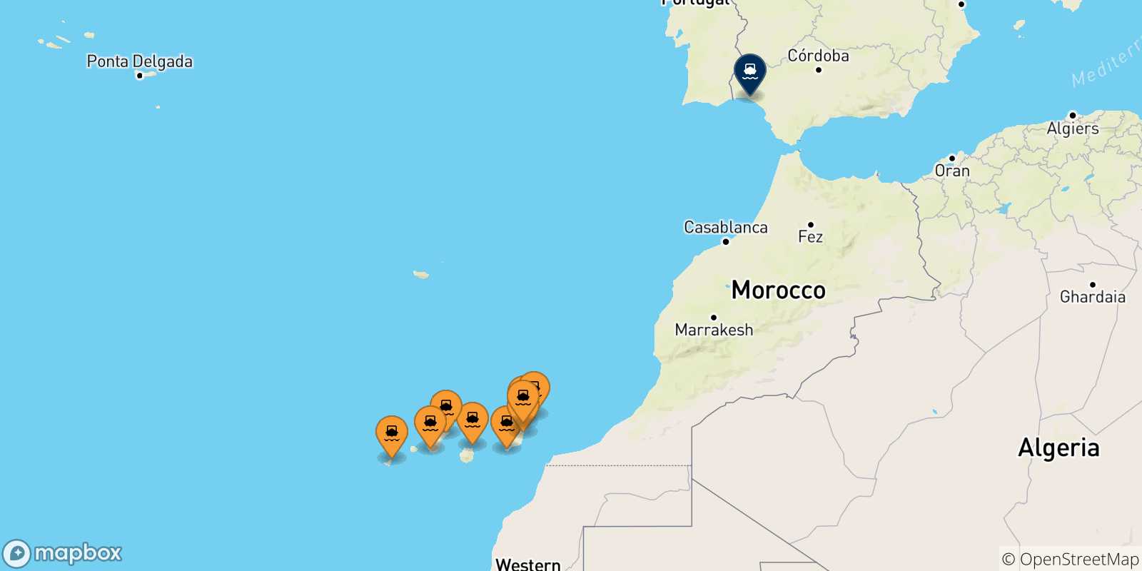 Mappa delle possibili rotte tra le Isole Canarie e la Spagna