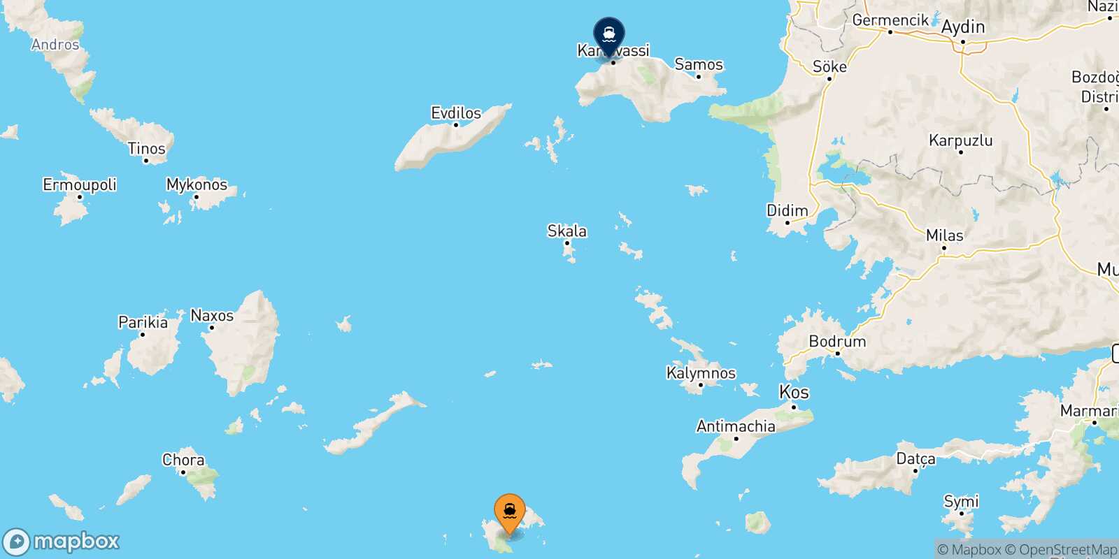 Mappa della rotta Astypalea Pythagorio (Samos)