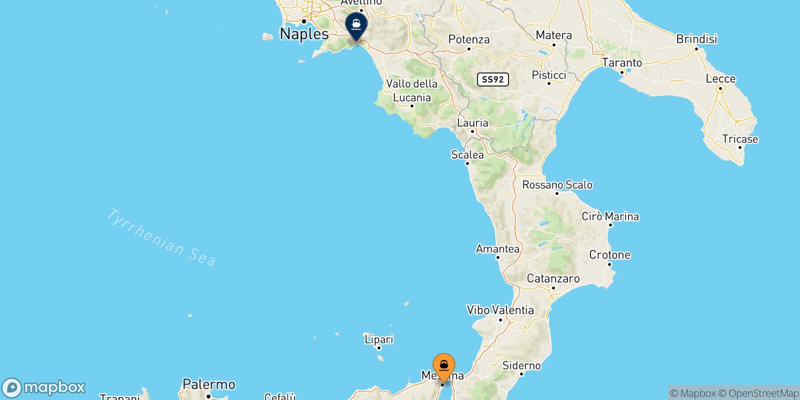 Mappa della rotta Messina Salerno