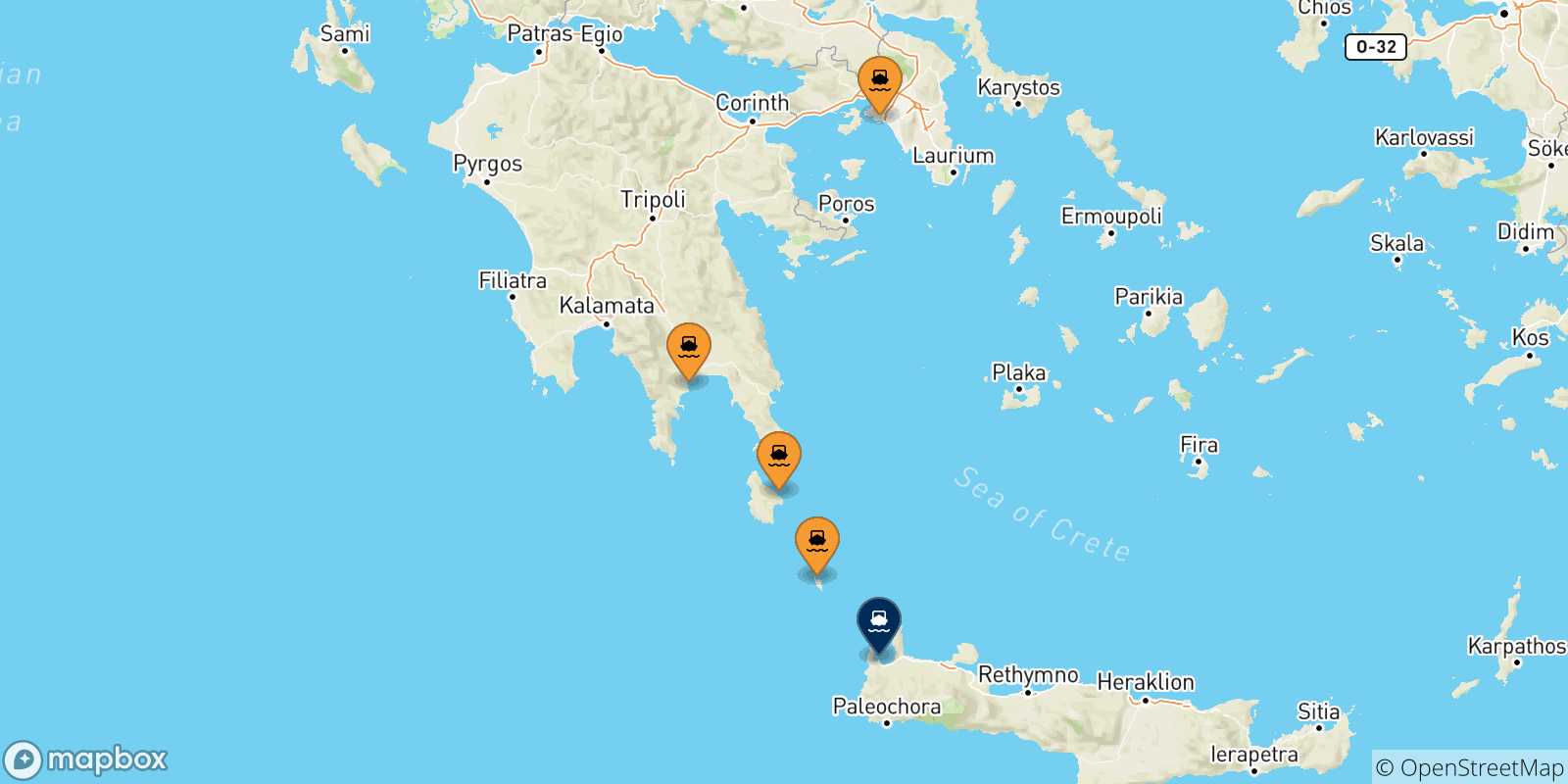 Mappa delle possibili rotte tra la Grecia e Kissamos