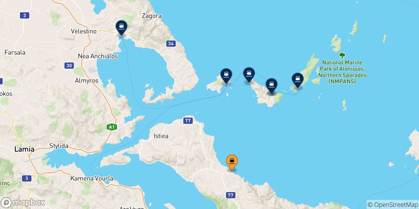 Mappa delle possibili rotte tra Mantoudi (Evia) e la Grecia