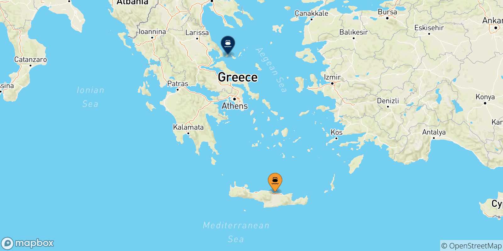 Mappa delle possibili rotte tra Creta e Skiathos