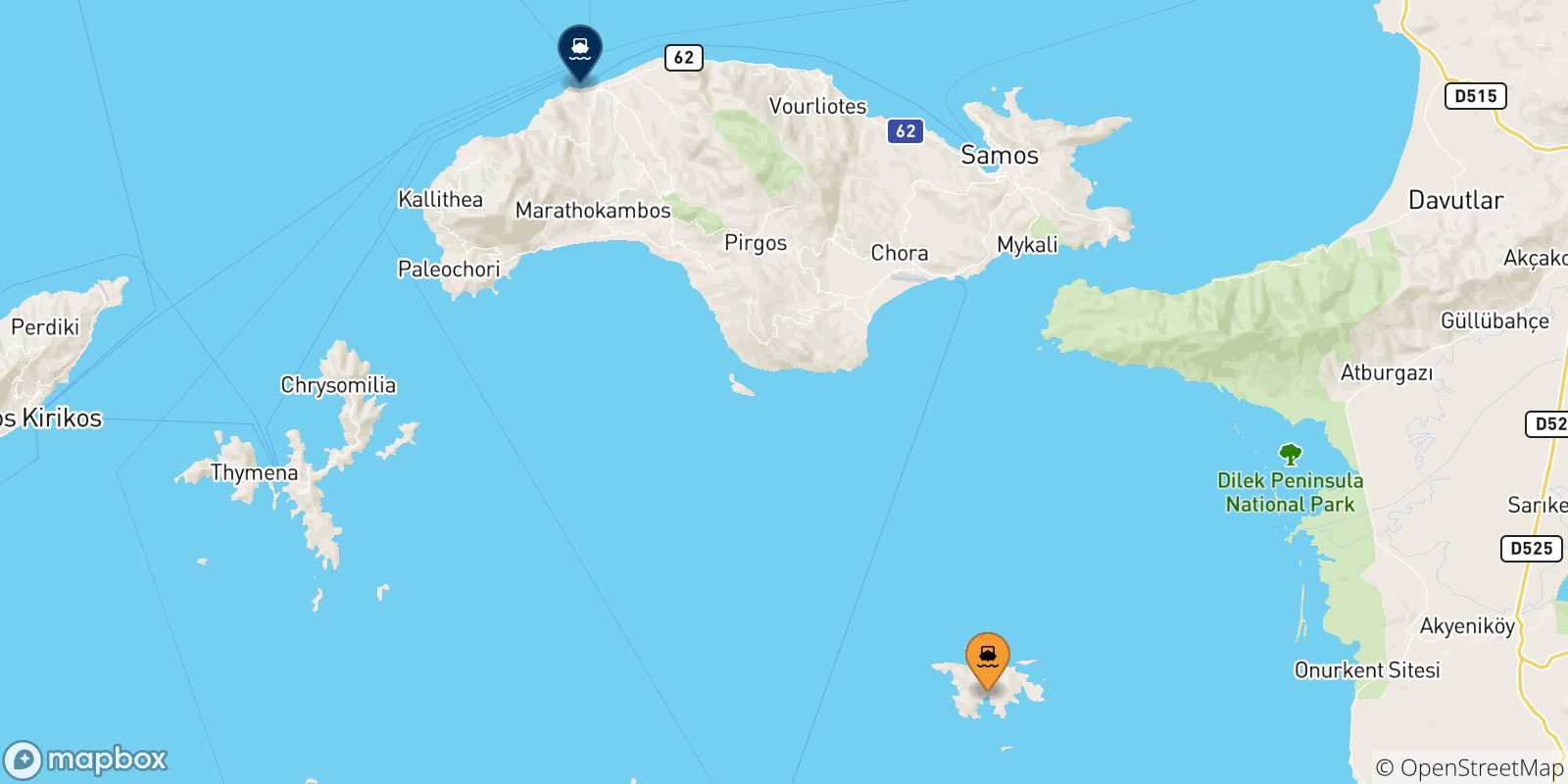 Mappa delle possibili rotte tra Agathonisi e le Isole Egeo Nord Orientale