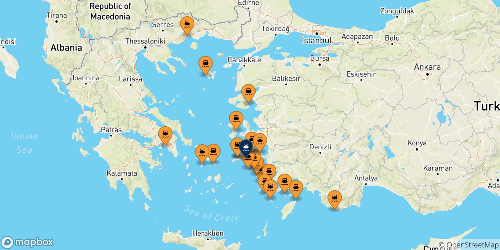 Mappa delle possibili rotte tra la Grecia e Fourni