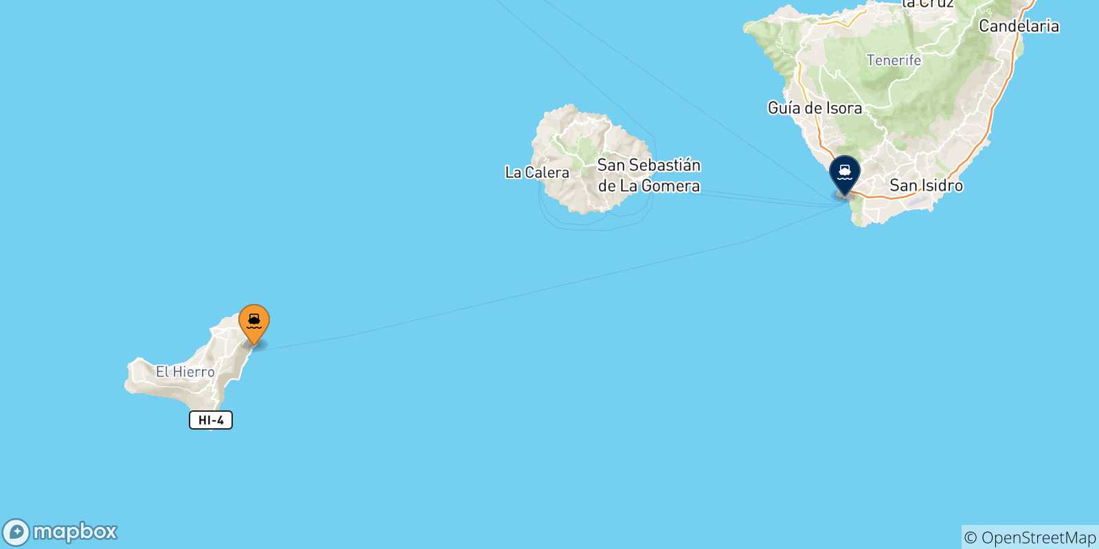 Mappa delle possibili rotte tra Valverde (El Hierro) e le Isole Canarie