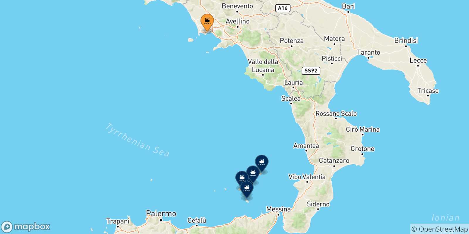 Mappa delle possibili rotte tra Napoli Mergellina e le Isole Eolie