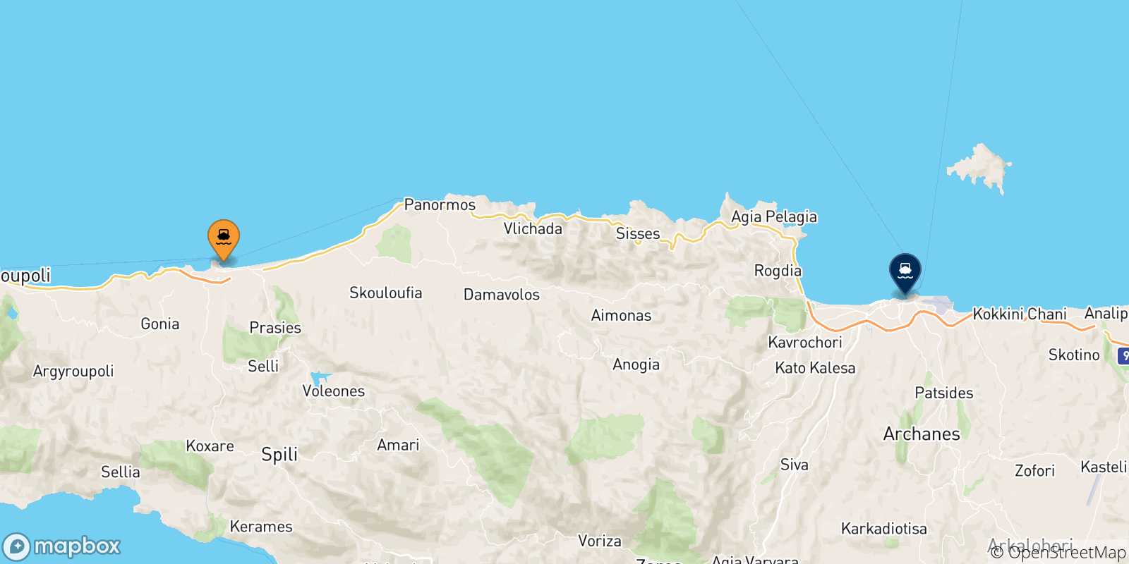 Mappa delle possibili rotte tra Rethimno e Creta