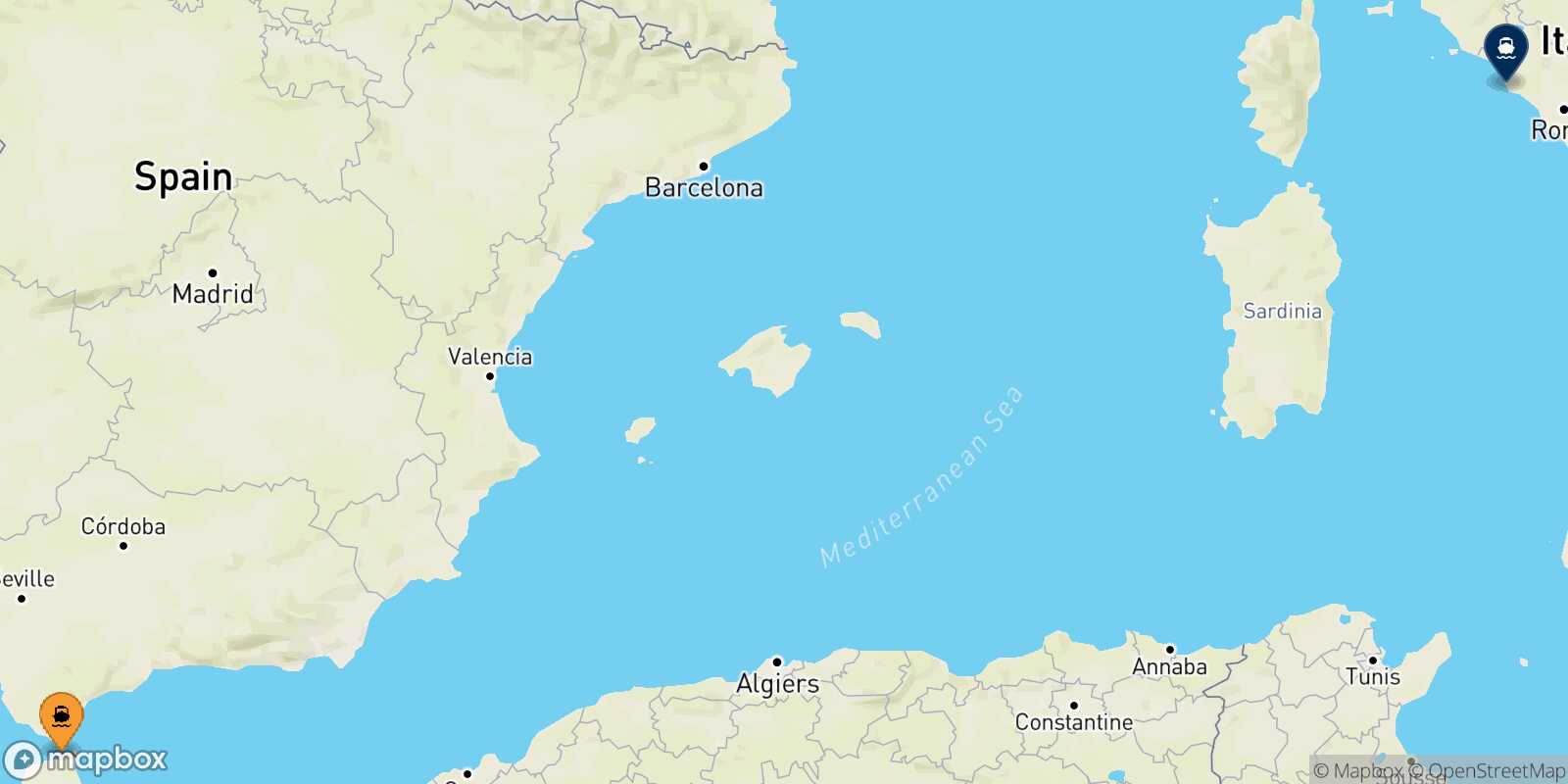 Mappa della rotta Tangeri Med Civitavecchia