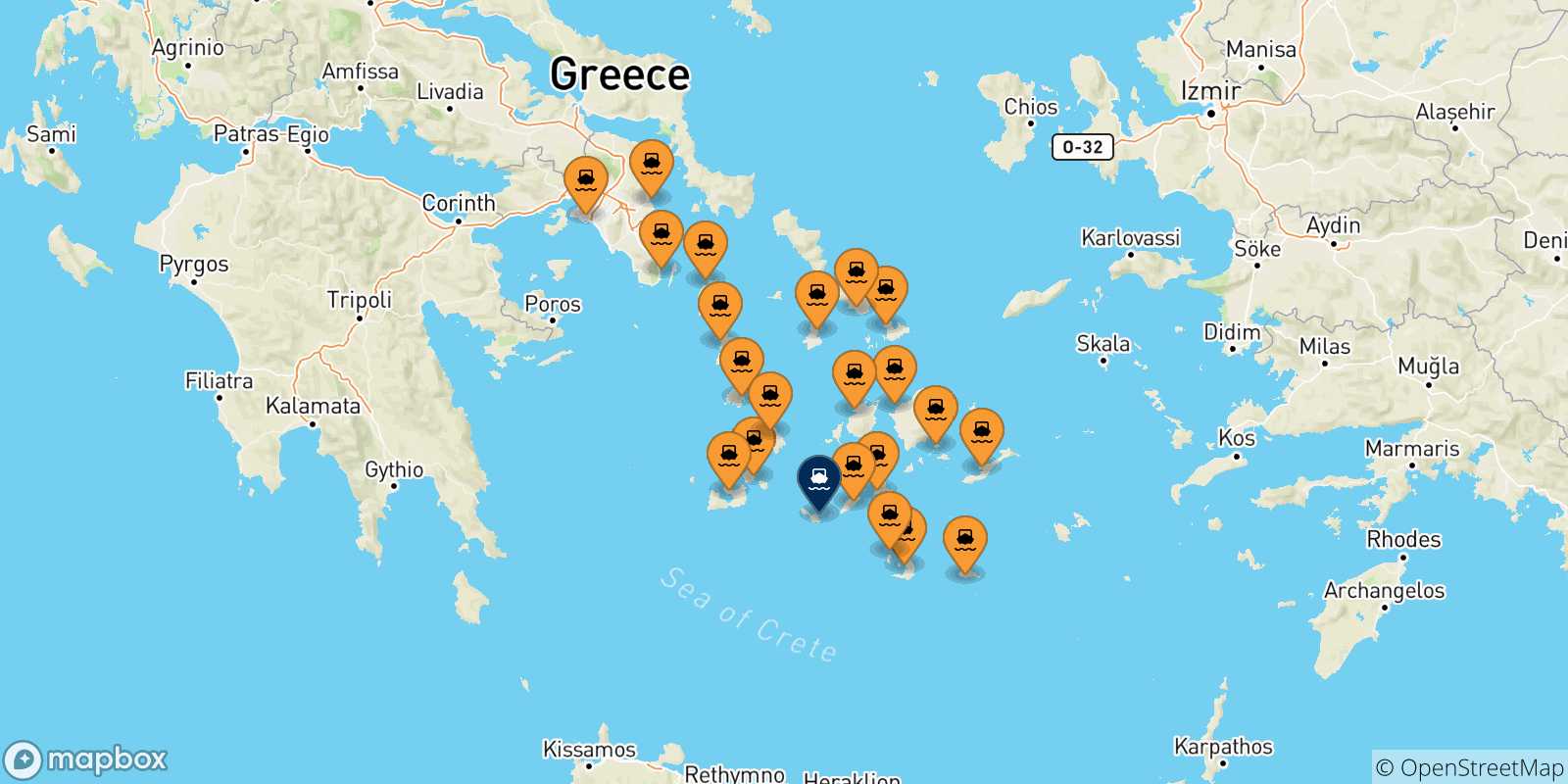 Mappa delle possibili rotte tra la Grecia e Folegandros