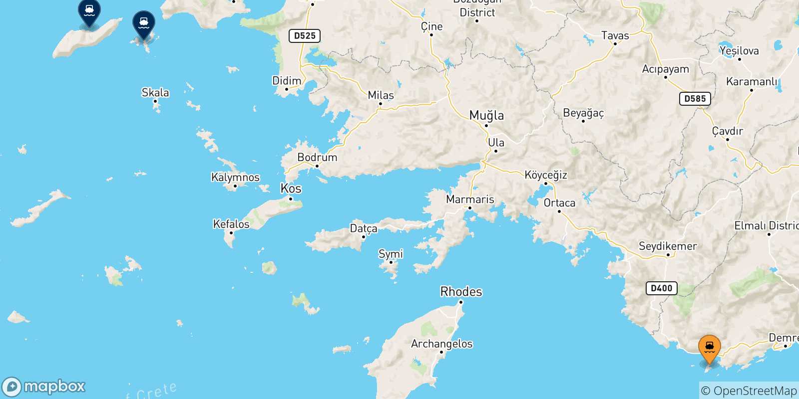 Mappa delle possibili rotte tra Kastellorizo e le Isole Egeo Nord Orientale