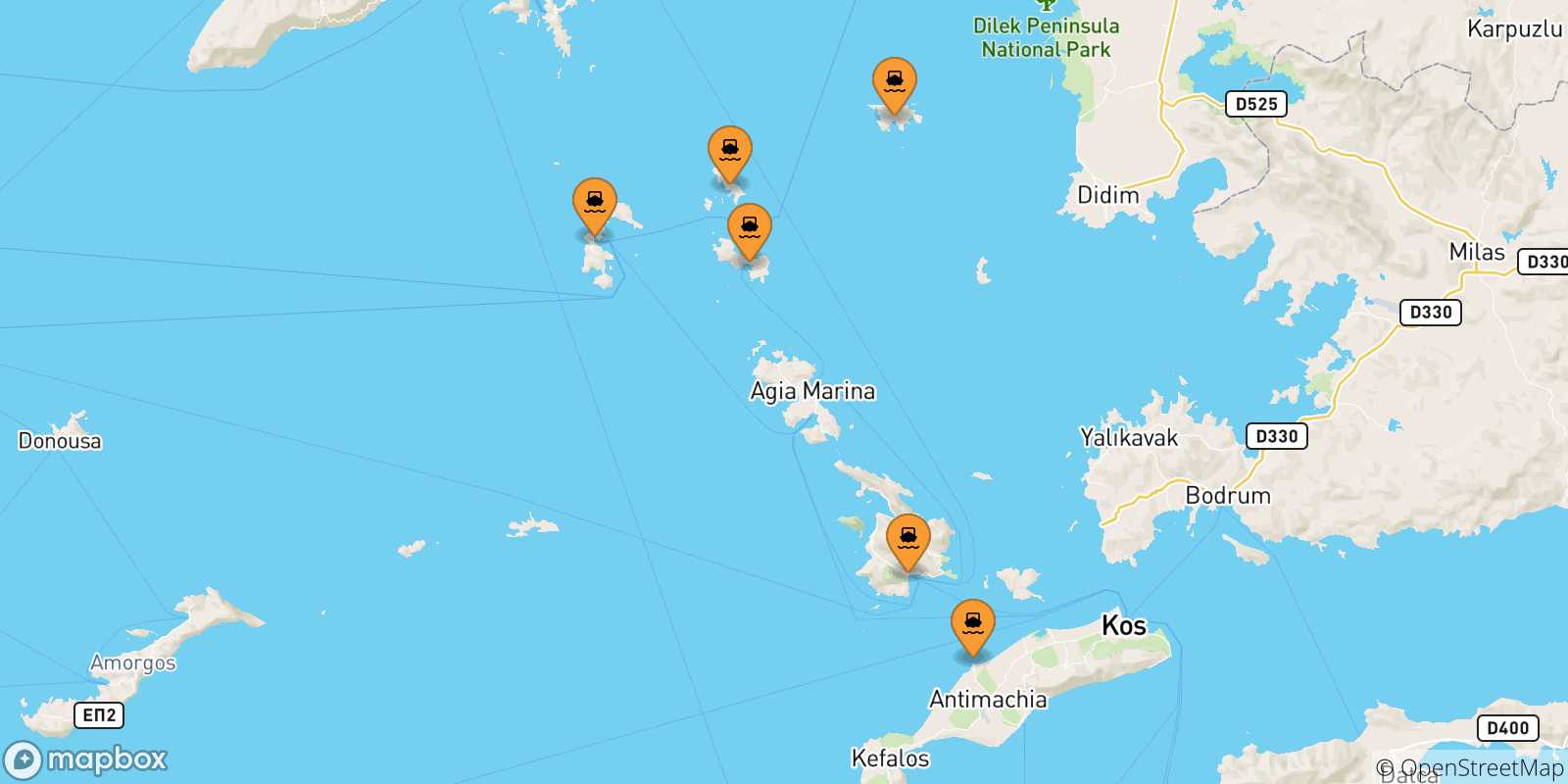 Mappa delle possibili rotte tra le Isole Dodecaneso e Agia Marina (Leros)