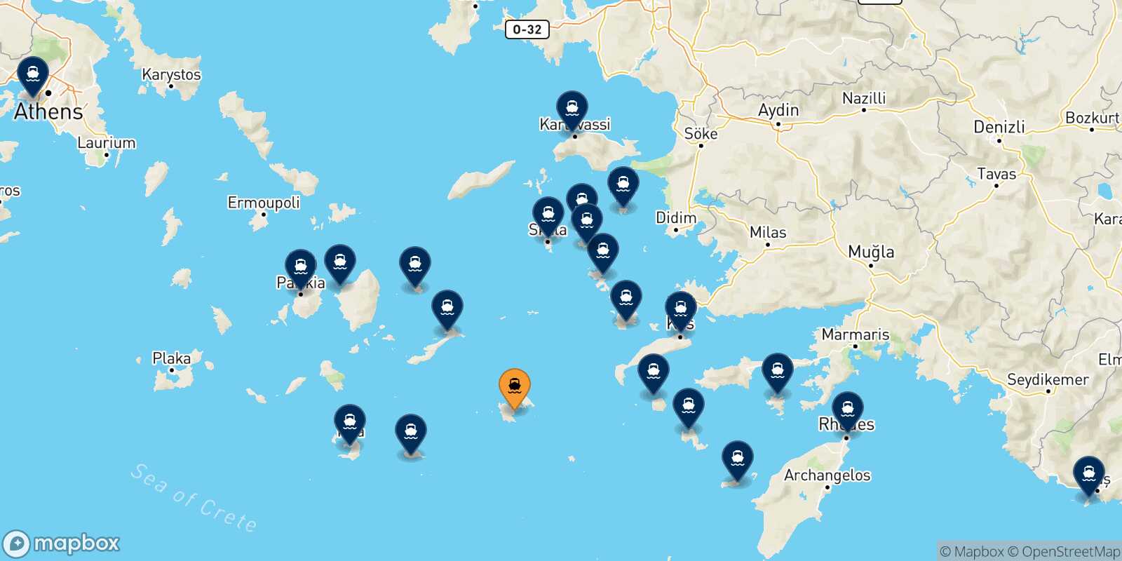 Mappa delle destinazioni raggiungibili da Astypalea