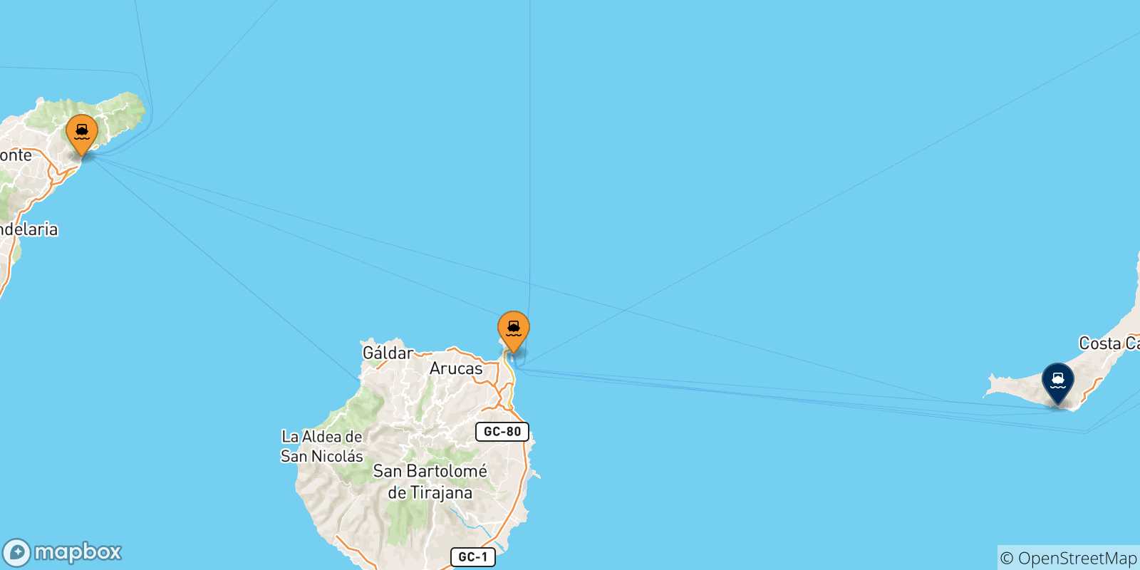 Mappa delle possibili rotte tra la Spagna e Morro Jable (Fuerteventura)