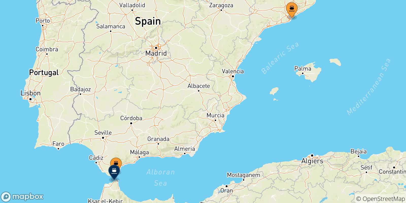Mappa delle possibili rotte tra la Spagna e Tangeri Med
