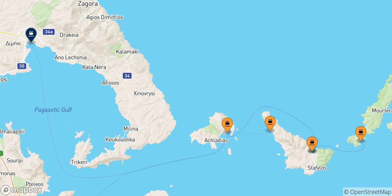 Mappa delle possibili rotte tra le Isole Sporadi e Volos