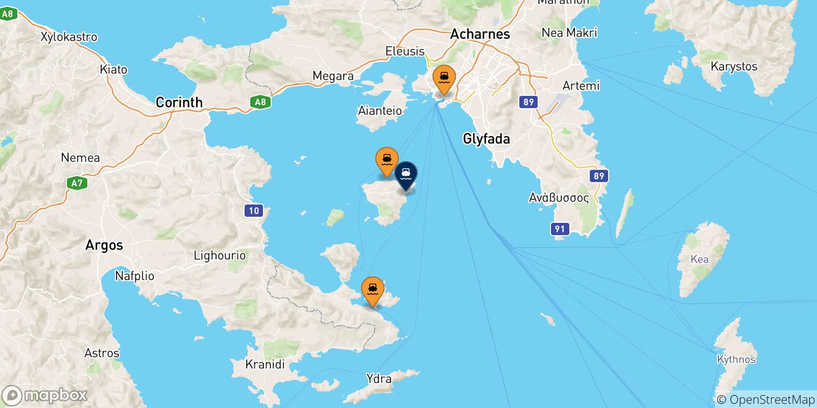 Mappa delle possibili rotte tra la Grecia e Agia Marina (Aegina)