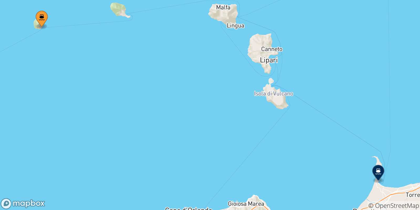 Mappa delle possibili rotte tra Alicudi e la Sicilia