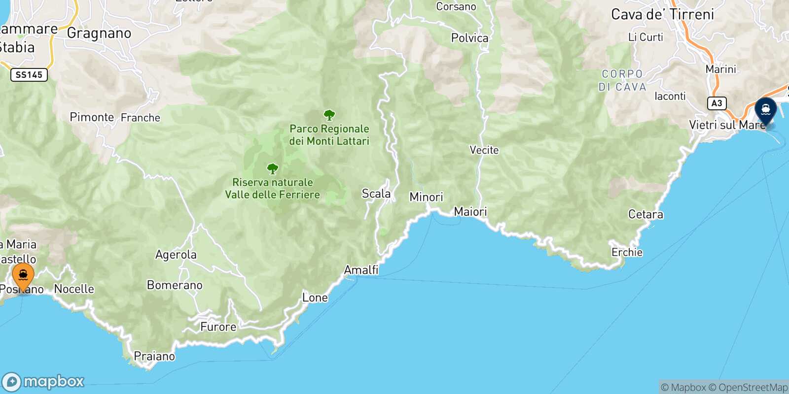 Mappa della rotta Positano Salerno