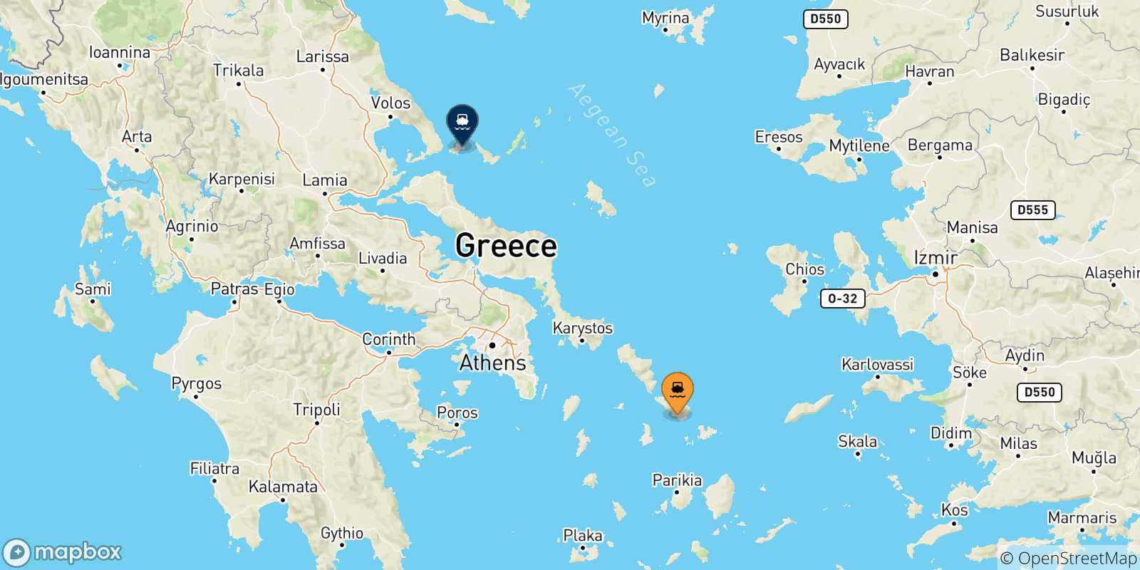 Mappa delle possibili rotte tra Tinos e le Isole Sporadi