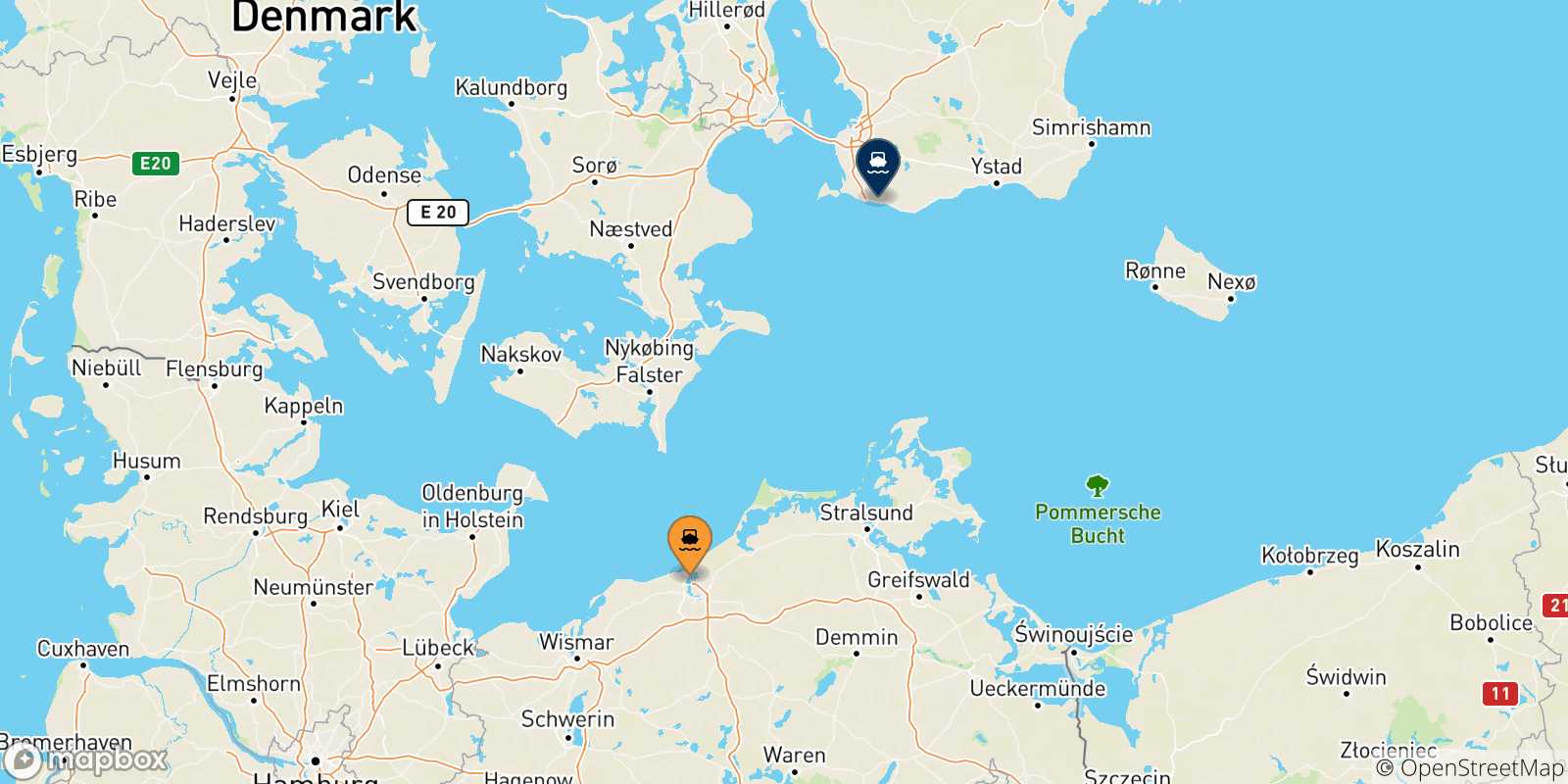 Mappa delle possibili rotte tra Rostock e la Svezia