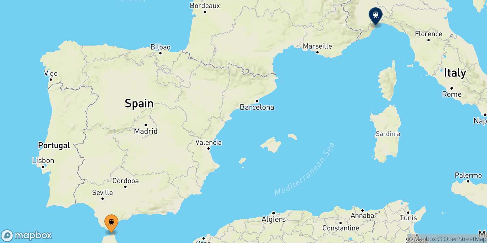 Mappa della rotta Tangeri Med Savona