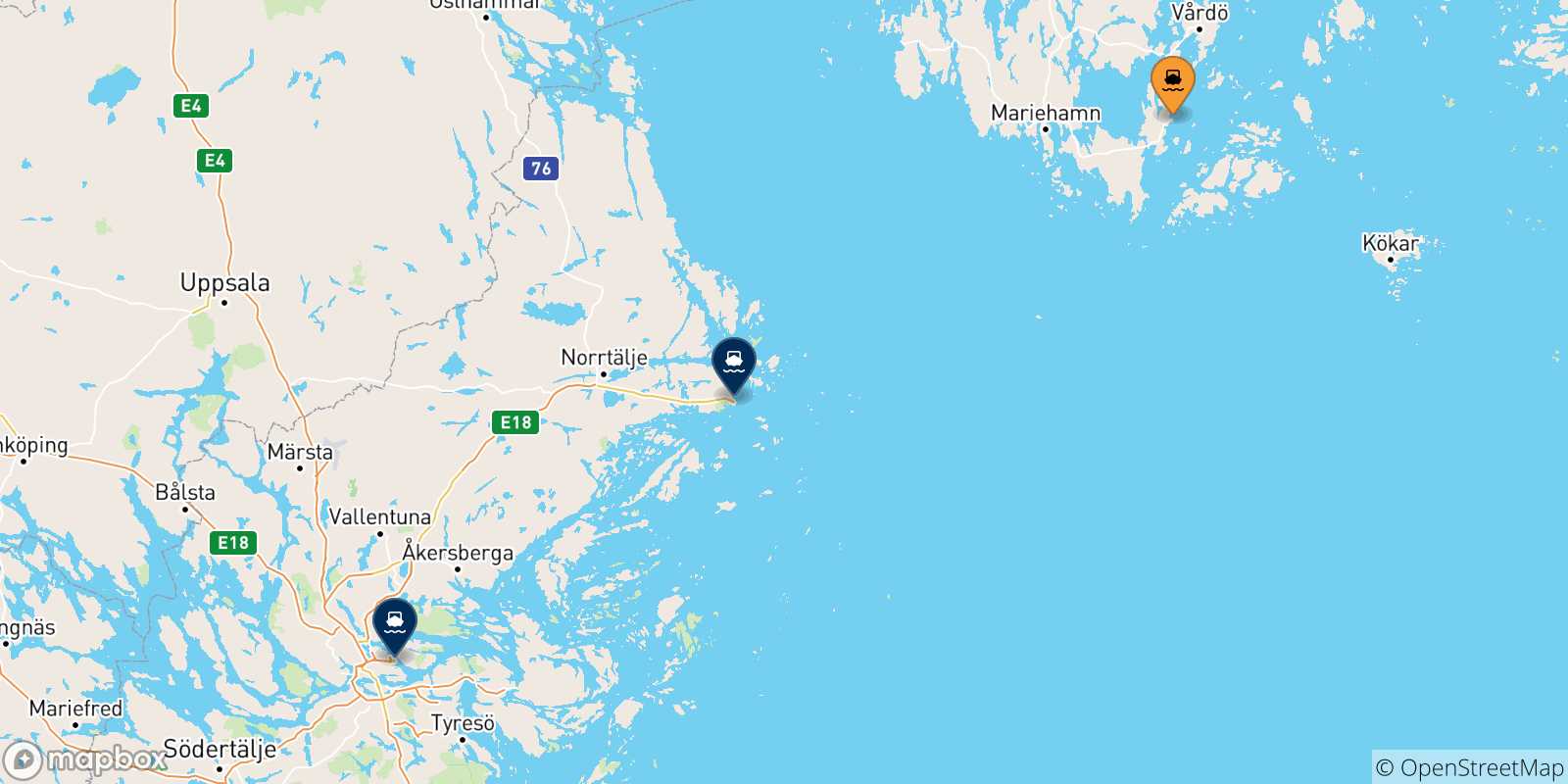 Mappa delle possibili rotte tra Långnäs e la Svezia