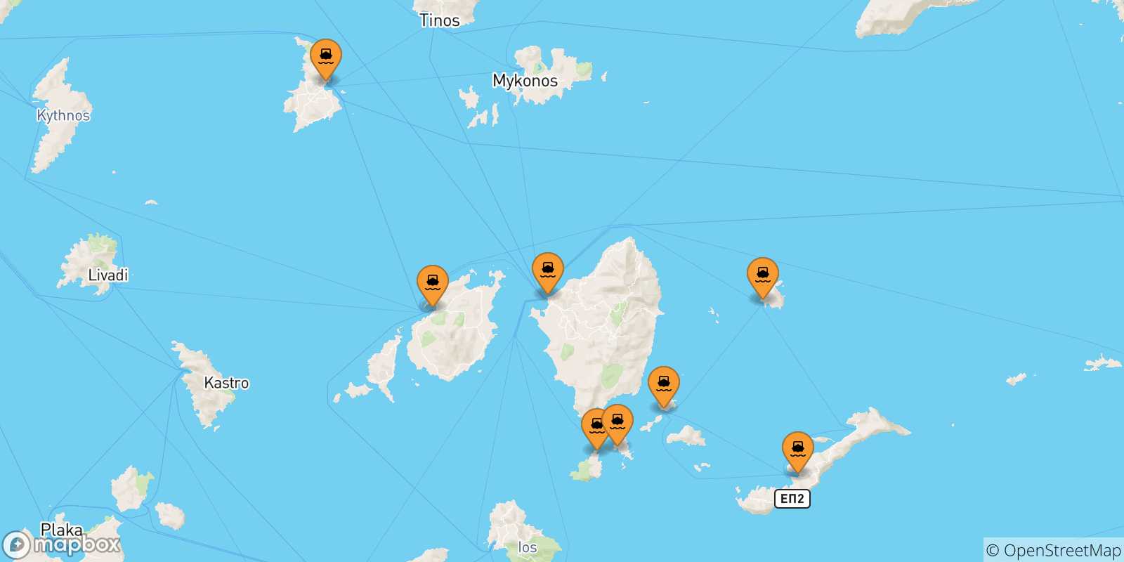 Mappa delle possibili rotte tra le Isole Cicladi e Aegiali (Amorgos)
