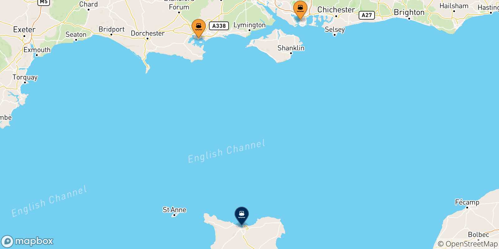 Mappa delle possibili rotte tra l'Inghilterra e Cherbourg