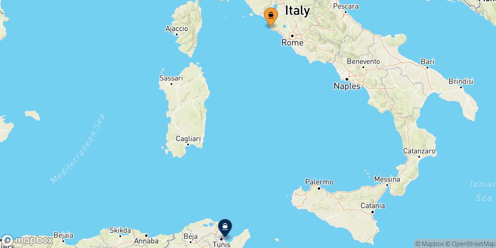 Mappa delle destinazioni raggiungibili da Civitavecchia