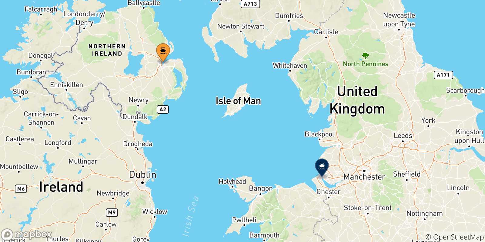 Mappa delle possibili rotte tra il Regno Unito e Liverpool Birkenhead