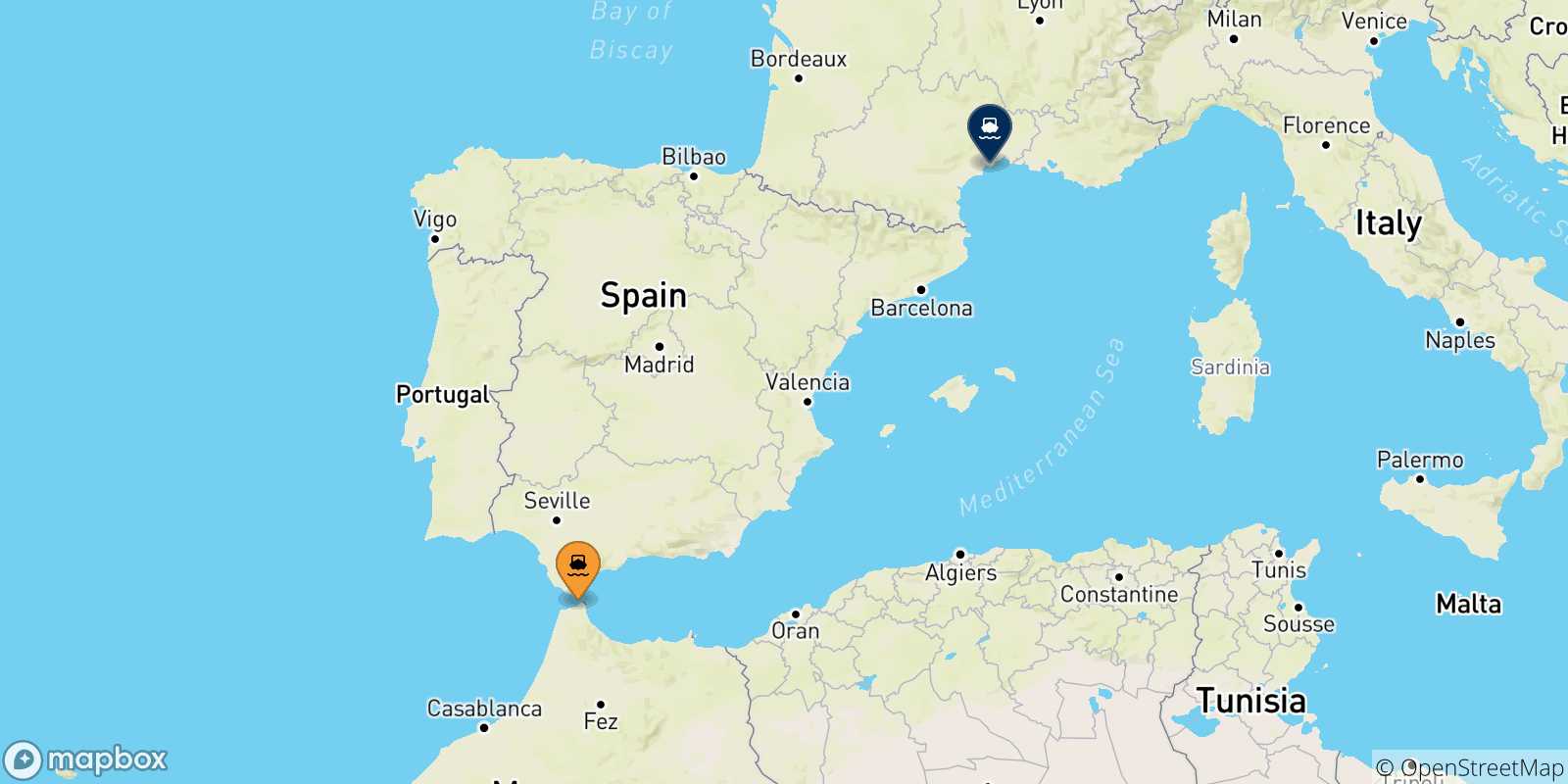 Mappa delle possibili rotte tra Tangeri Med e la Francia