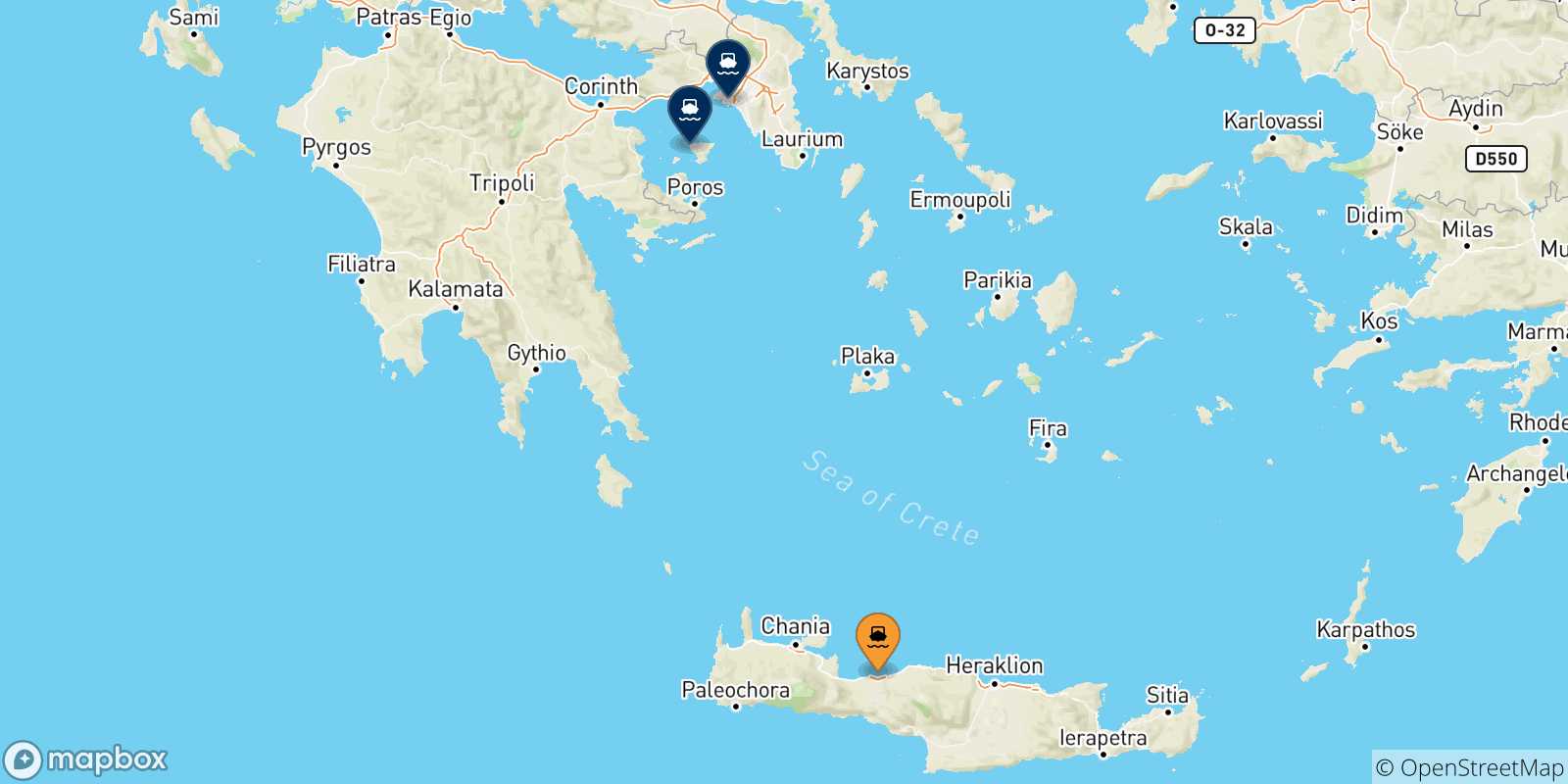 Mappa delle possibili rotte tra Myli (Agistri) e la Grecia