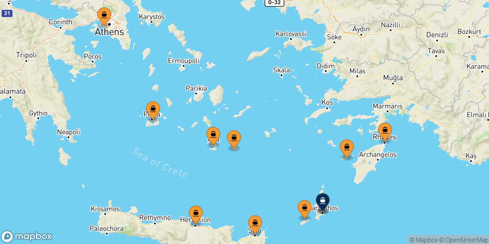 Mappa dei porti collegati con  Diafani (Karpathos)