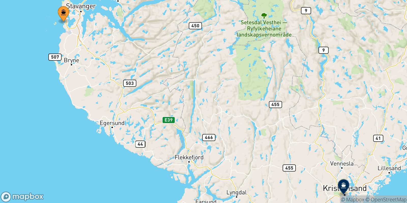 Mappa della rotta Stavanger Kristiansand
