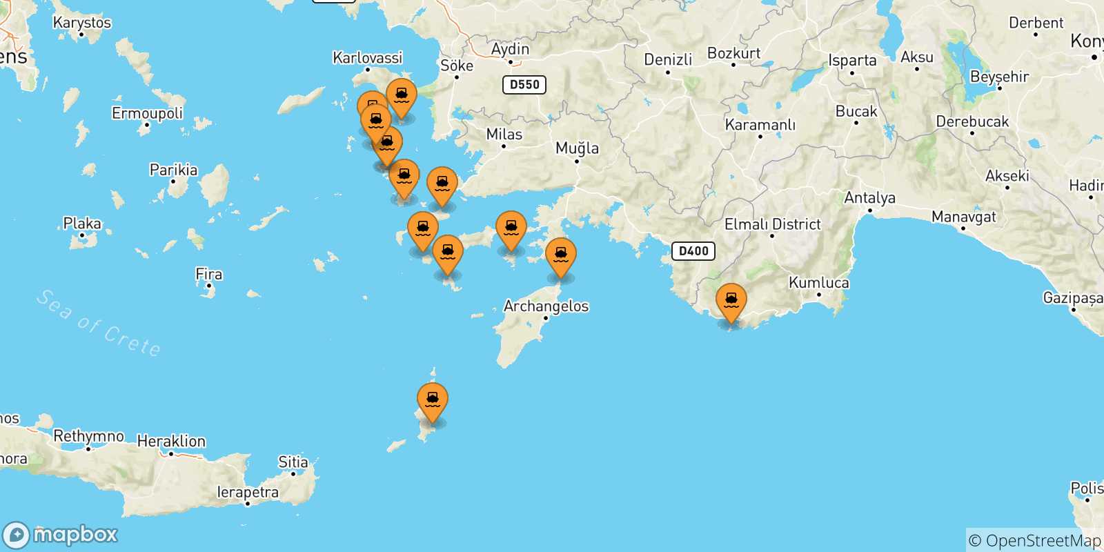 Mappa delle possibili rotte tra le Isole Dodecaneso e Patmos