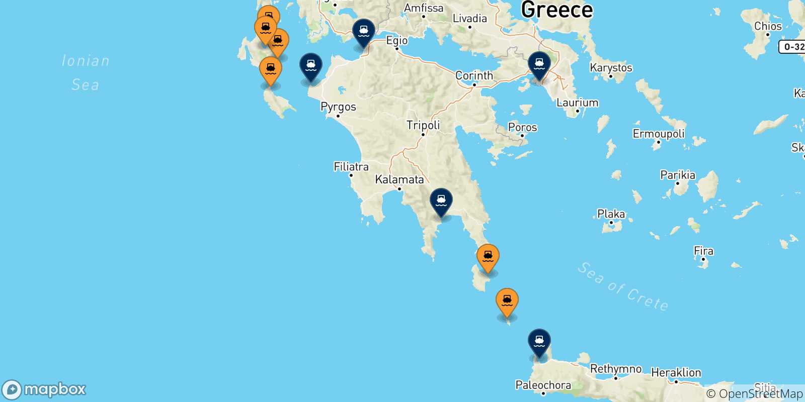 Mappa delle possibili rotte tra le Isole Ionie e la Grecia