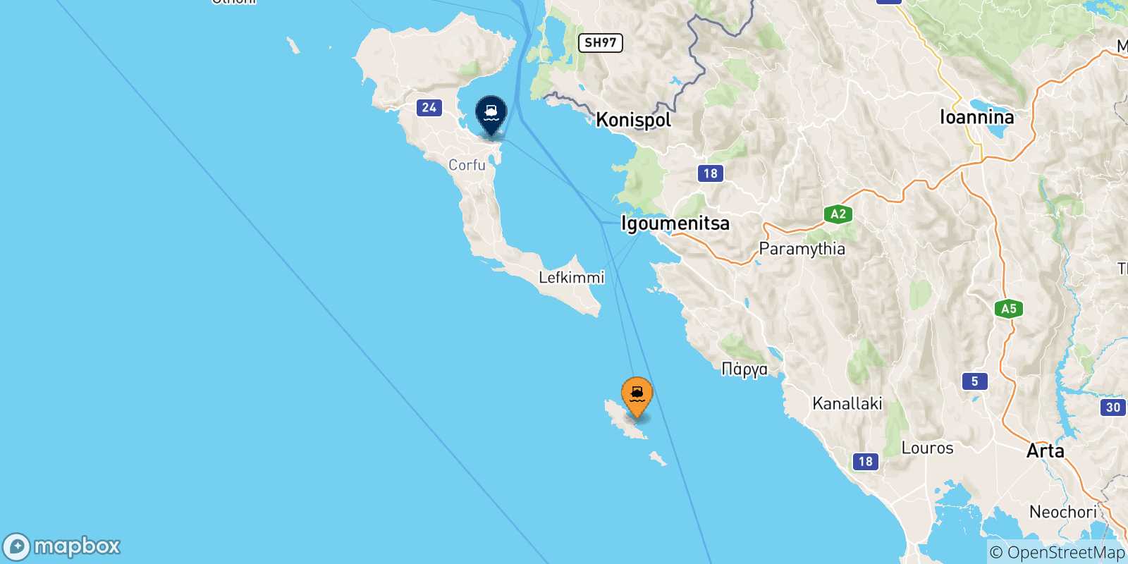 Mappa delle possibili rotte tra la Grecia e Corfu