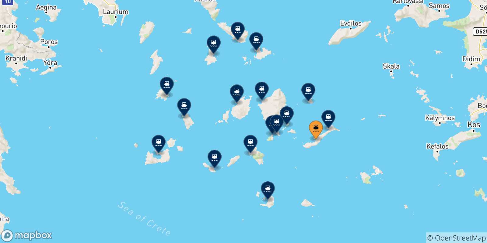 Mappa delle possibili rotte tra Katapola (Amorgos) e le Isole Cicladi