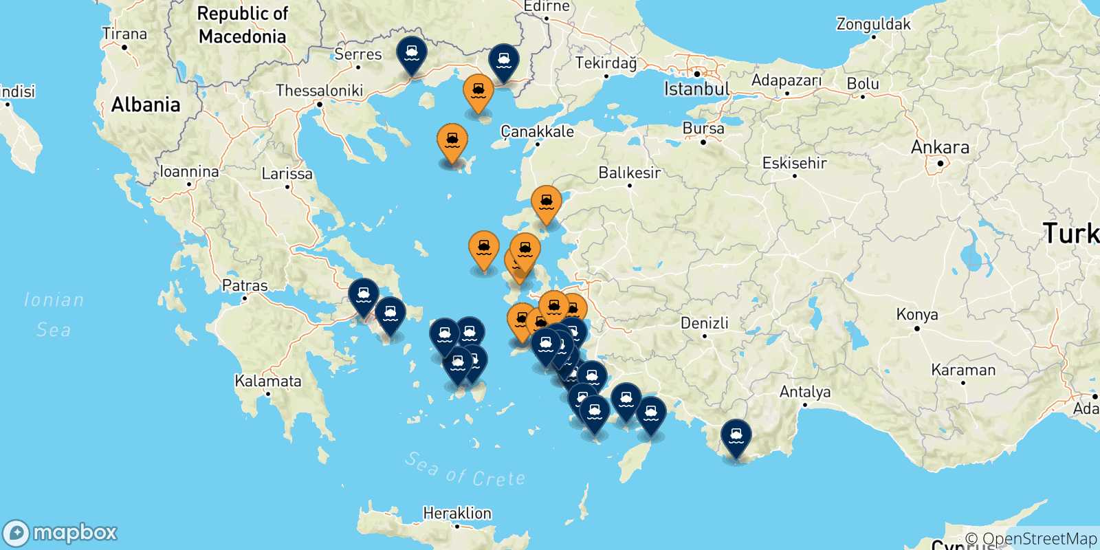 Mappa delle possibili rotte tra le Isole Egeo Nord Orientale e la Grecia