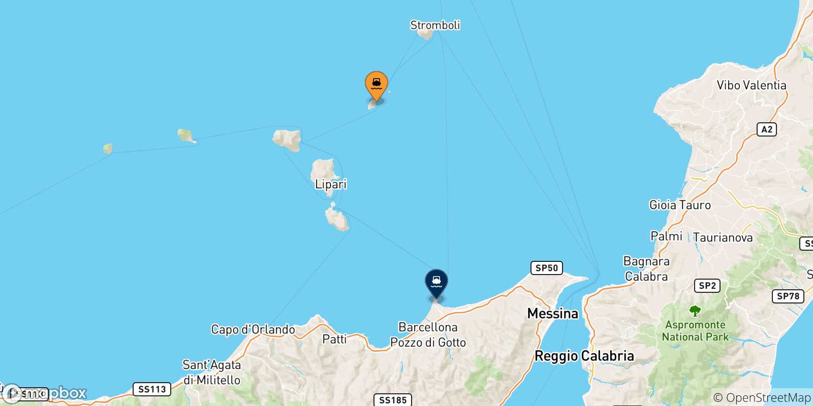 Mappa delle possibili rotte tra Panarea e la Sicilia