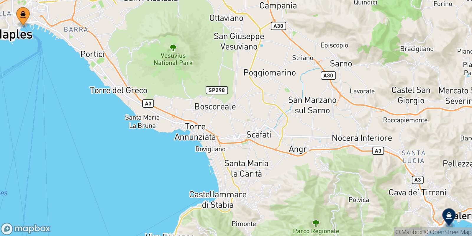 Mappa della rotta Napoli Beverello Salerno