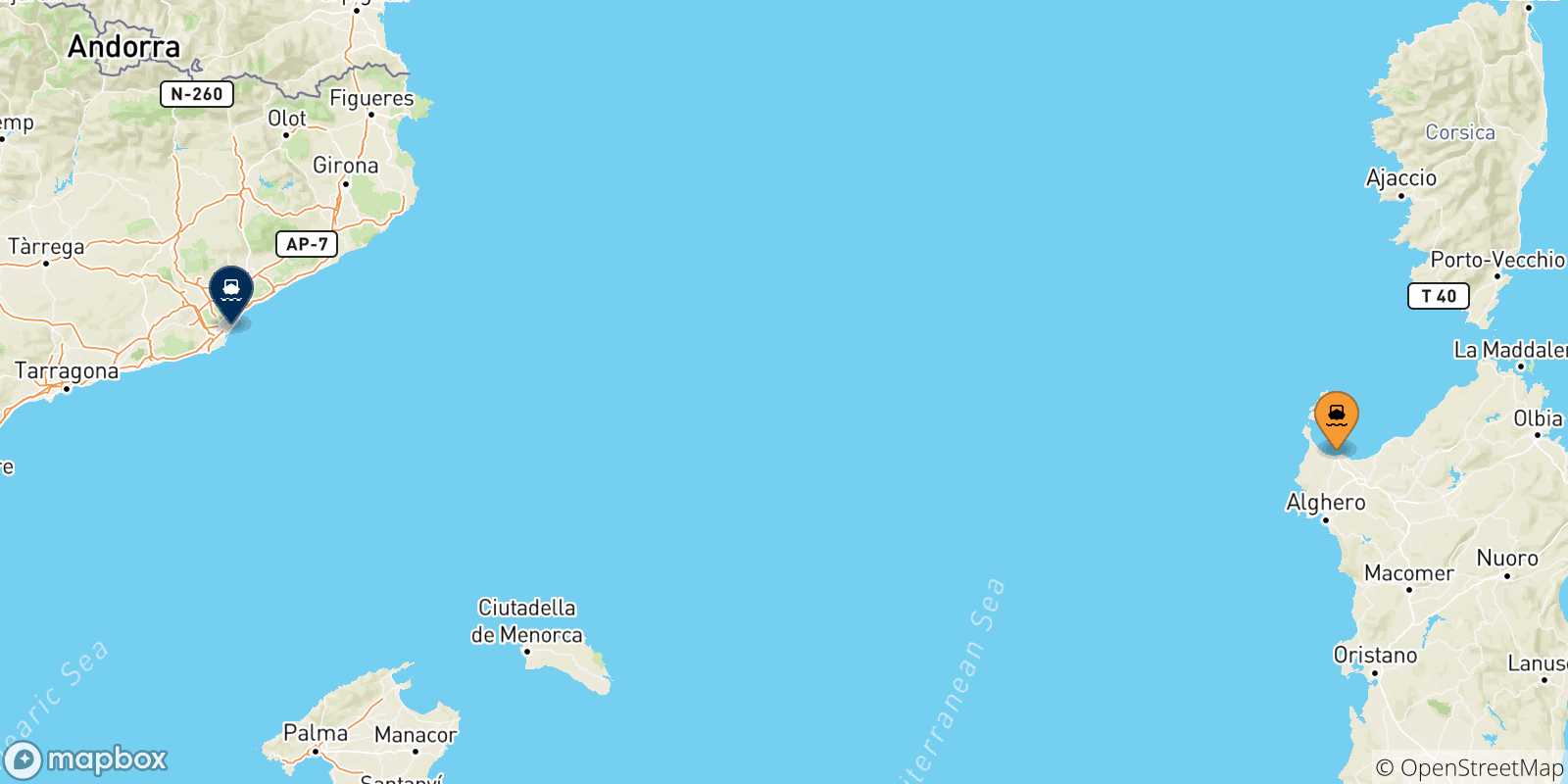 Mappa delle possibili rotte tra Porto Torres e la Spagna