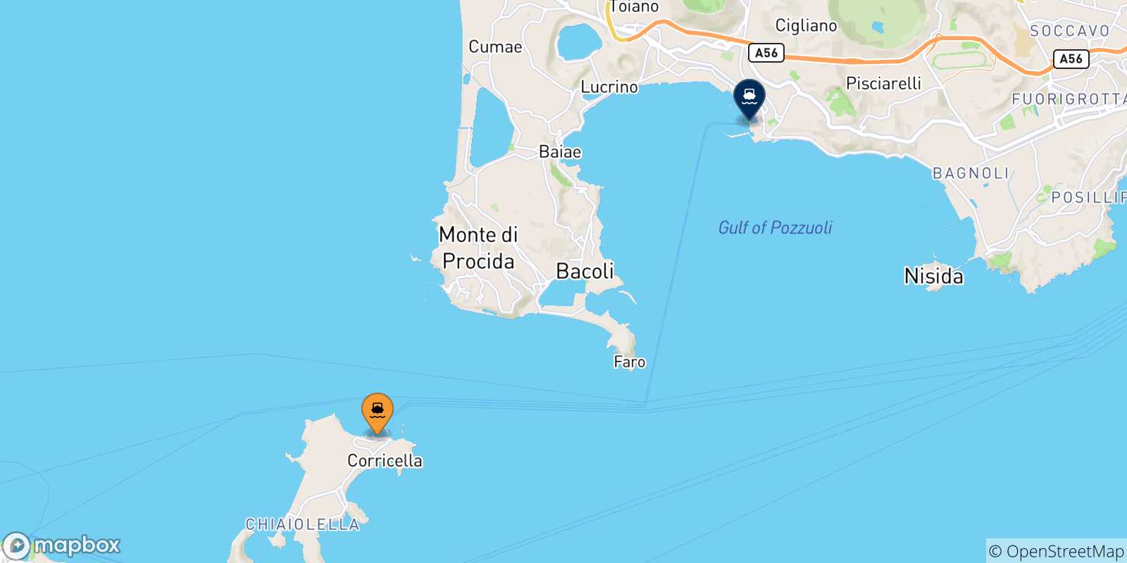 Mappa delle possibili rotte tra Procida e il Golfo Di Napoli