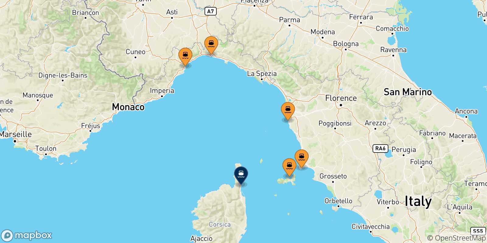Mappa delle possibili rotte tra l'Italia e Bastia